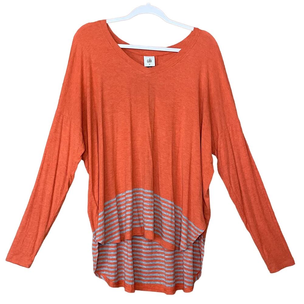 Cabi #4190 Hangout Tee Long Sleeve Top Orange Bossa Nova Stripe SZ Medium